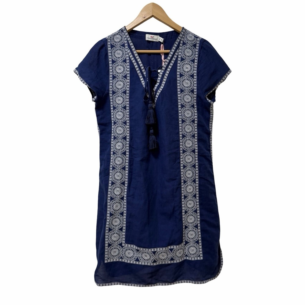Vineyard Vines Linen Blend Lace Up Embroidered Mini Shift Dress Size 8 Navy NEW